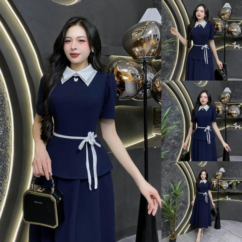 EV85 - Váy Thiết Kế Evii dành cho nữ, Đầm thiết kế cổ bẻ kép phối tơ (tặng kèm 2 tag cài và dây nơ) Peplum liền thân dáng A xếp ly dài phù hợp đi làm, đi chơi và đi dự tiệc. Có Bigsize Women Dress