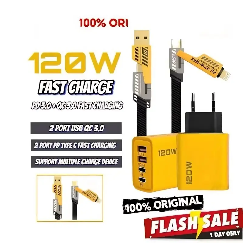 Charger Casan 120W Batok + Kabel Data Fast Charging 4in1 USB Type A, Type C, IOS Multiple Charging