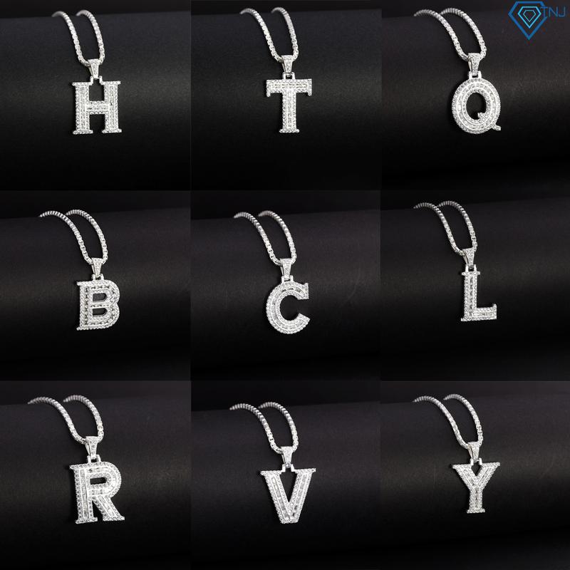 Dây chuyền chữ cái bạc cho nam bản nhỏ theo tên đính đá DCA0186+DCK0029-50cm - Trang Sức TNJ