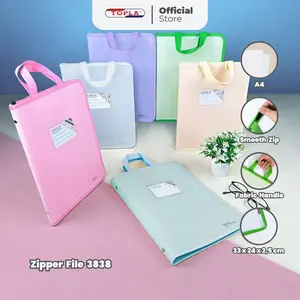 Topla Zipper File 3838 | Map Dokumen Folio A4 Resleting Handle | Map Warna Pastel Aesthetic Korean Style 33x24x2.5cm