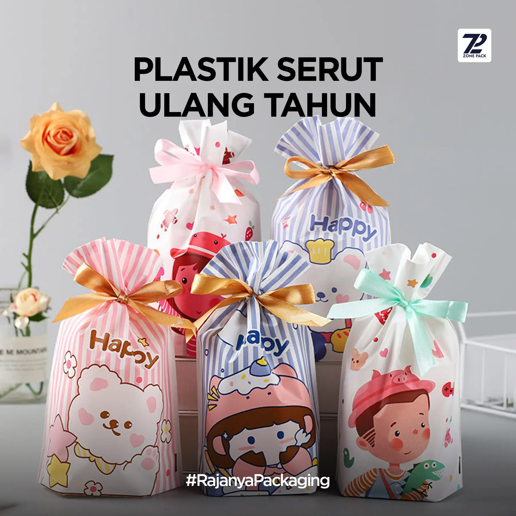 Plastik Serut Ulang Tahun Anak | Plastik Packing Kue Serut Pita | Goodie Bag Souvenir Snack Hadiah lucu