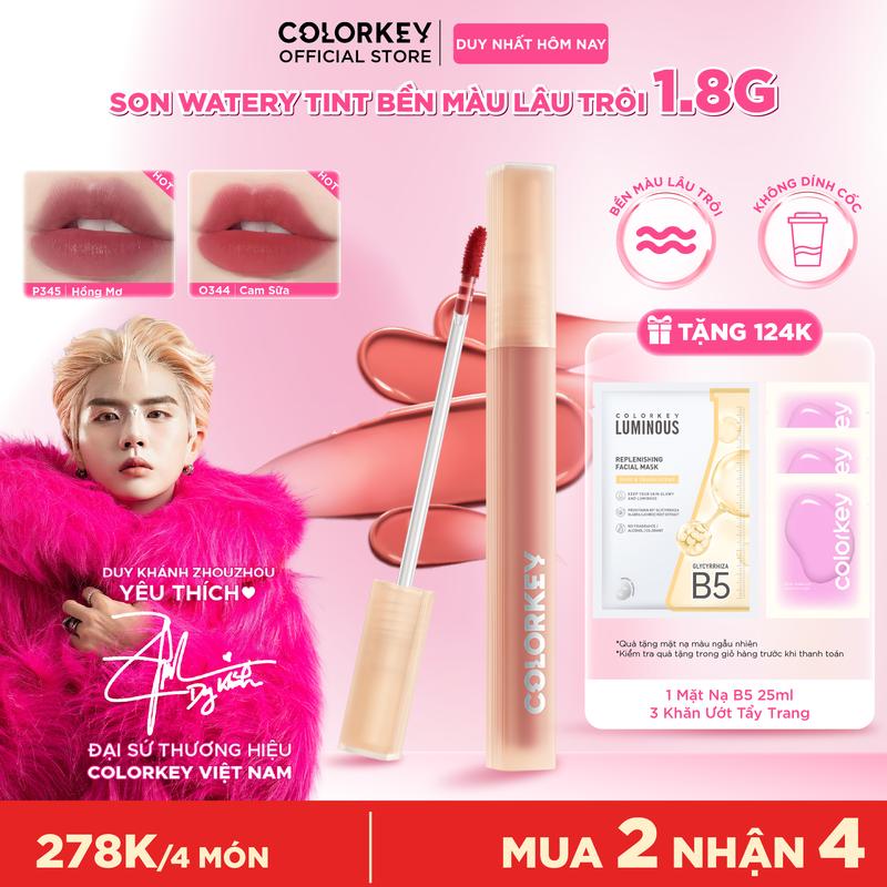   OFFICIAL  Son COLORKEY Watery Tint Bền Màu Lâu Trôi Không Dính Cốc Siêu Mịn Môi 1.8g 