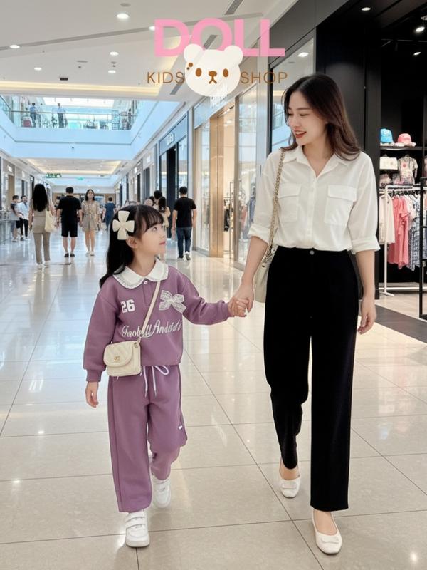   DOLL KIDS  Bộ Nỉ Cho Bé Gái - Set Đồ Cho Bé Gái + Áo Cho Bé Gái Nỉ 2 Da Phối Ren Nơ - BN02 