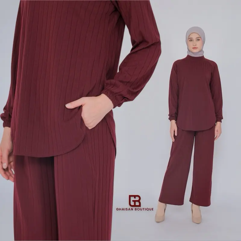 Ziana One Set Knit || Satu Set Atasan Blouse dan Celana by ghaisanboutique Karet Kulot |  Setelan Wanita Jilbab Muslim Panjang Lembut Nyaman Salur Baju Casual Dewasa Bawahan
