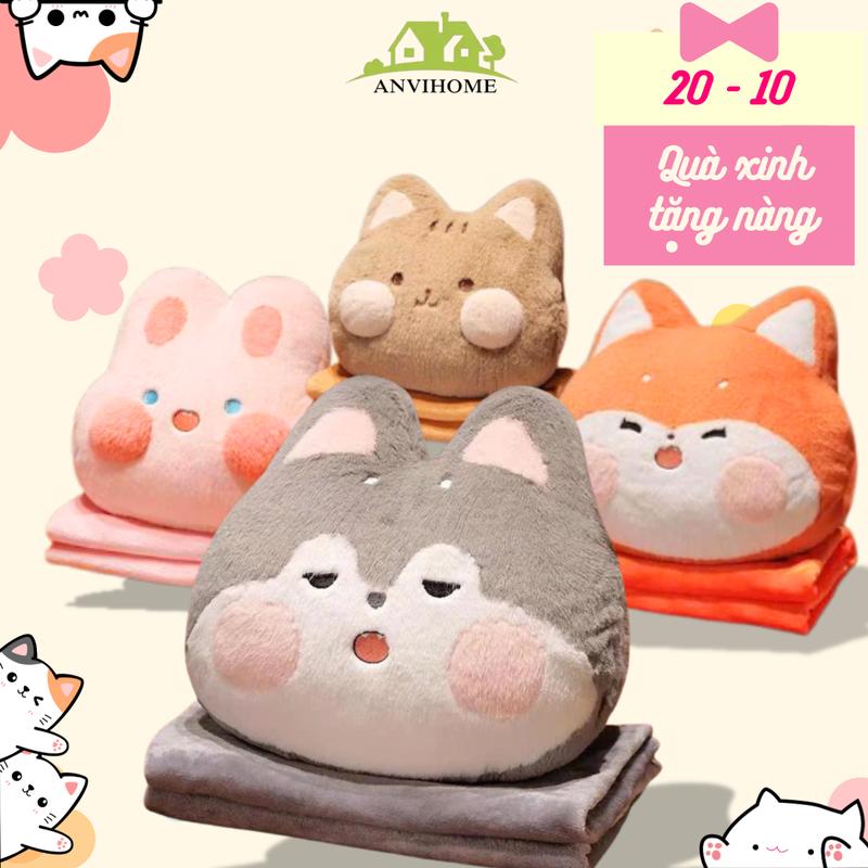 ANVIHOME Bộ Chăn Gối Văn Phòng Thú Tròn Xù Hot Trend Gấu Bông Thỏ, cáo, cún, mèo Kèm Chăn 3in1 Siêu Mềm Mịn Màu Sắc Thiết Kế Thông Minh Tiện Lợi Kiểu Dáng Xinh Xắn