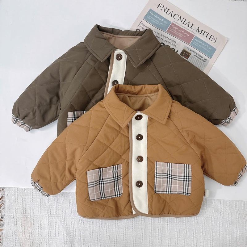 [BeHan] Áo khoác phao trần bông trần trám phối túi kẻ dày dặn cho bé gái bé trai 8-17kg - A25B107