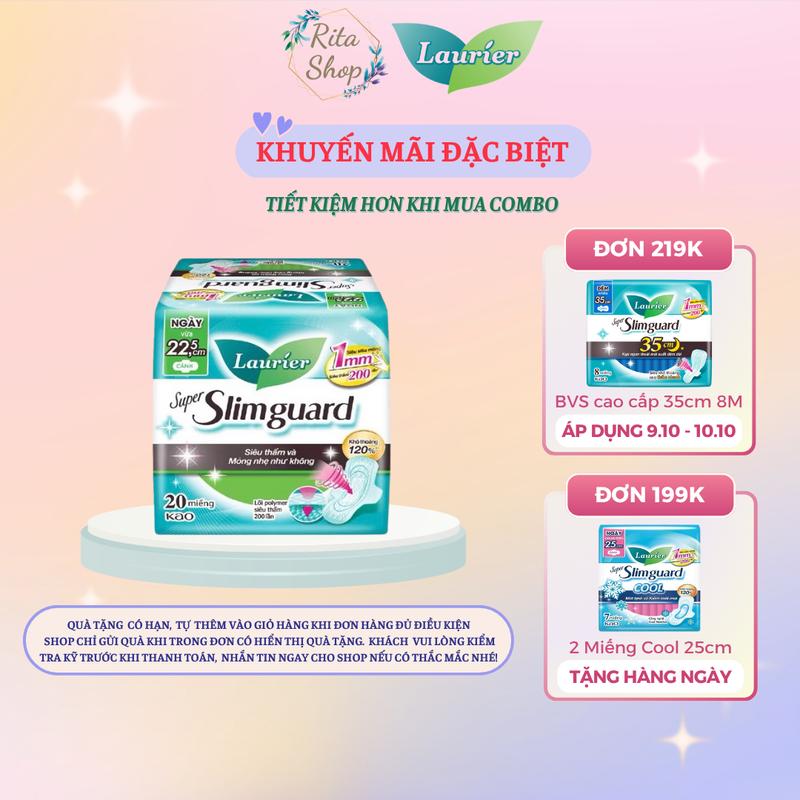   COMBO 04 GÓI BVS  Băng Vệ Sinh Laurier Super SlimGuard Siêu Mỏng Bảo Vệ 1mm 22.5cm 20 Miếng Women 