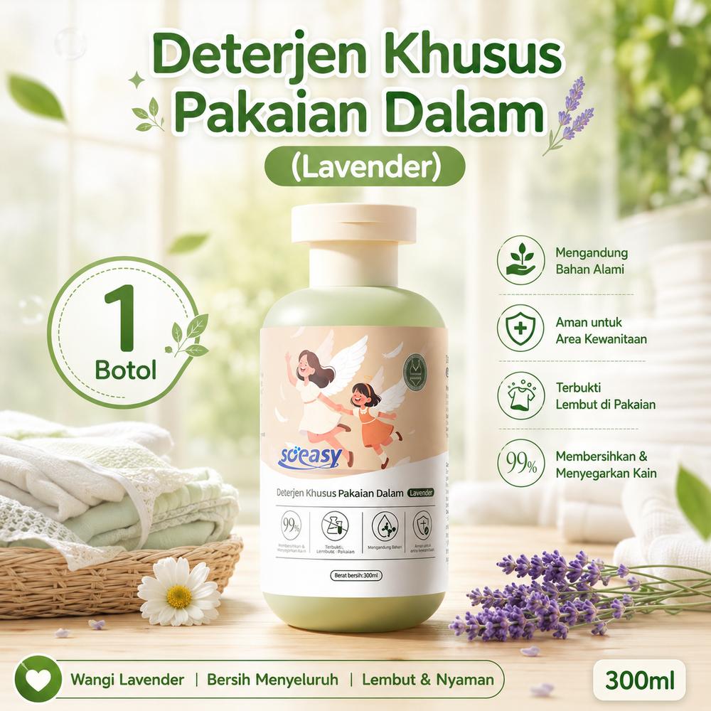Deterjen Khusus Celana Dalam Wanita Sabun Pembersih Noda Darah Haid Gatal Keputihan Sabun Cuci Bra Menyusui Pakaian Bayi Newborn Soeasy Gentle Laundry 300ml - 1 botol