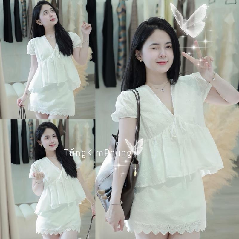  Sét Thô Thêu Hoa Áo Baby Doll Cổ V Cột Nơ+Chân Váy Lai Gợn Sóng Tiểu Thư 