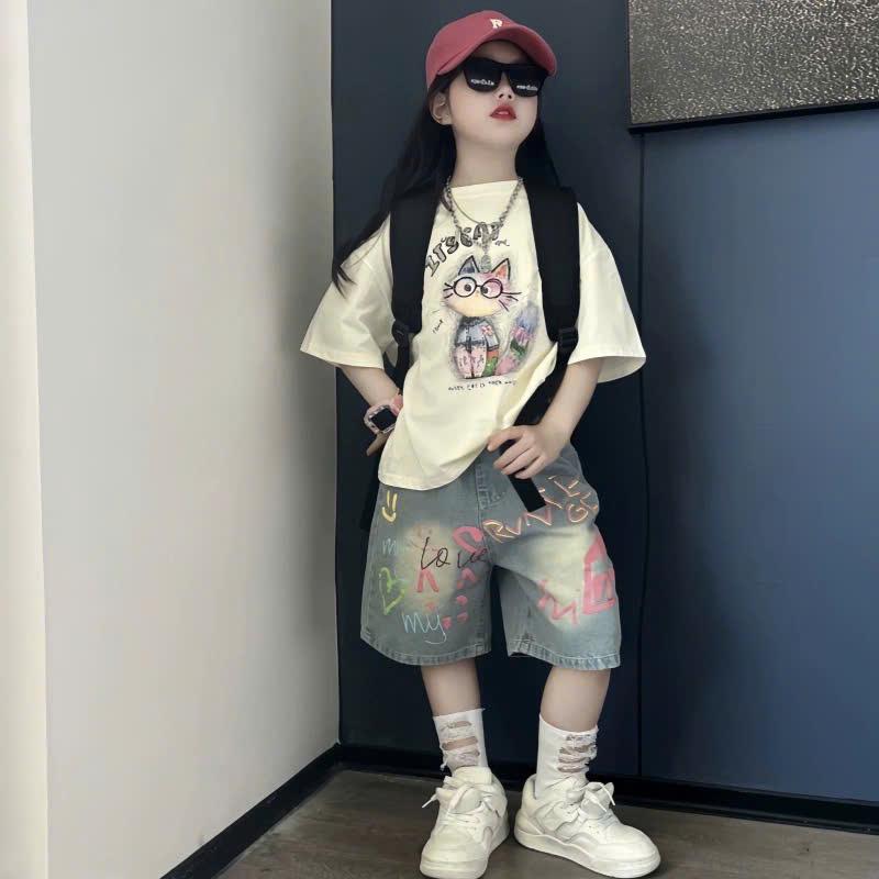 {Phúc Anh Kidss} Sét Bộ Áo Phông Hình Con Mèo- Quần jean Chữ siêu ngầu cho bé gái!!A07