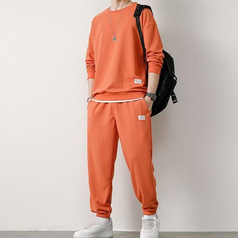 Product Introduction of Waffle Sweater Suit Loose Casual Autumn and Winter New round Neck Men's Long-Sleeved Trousers Teen Clothes 9