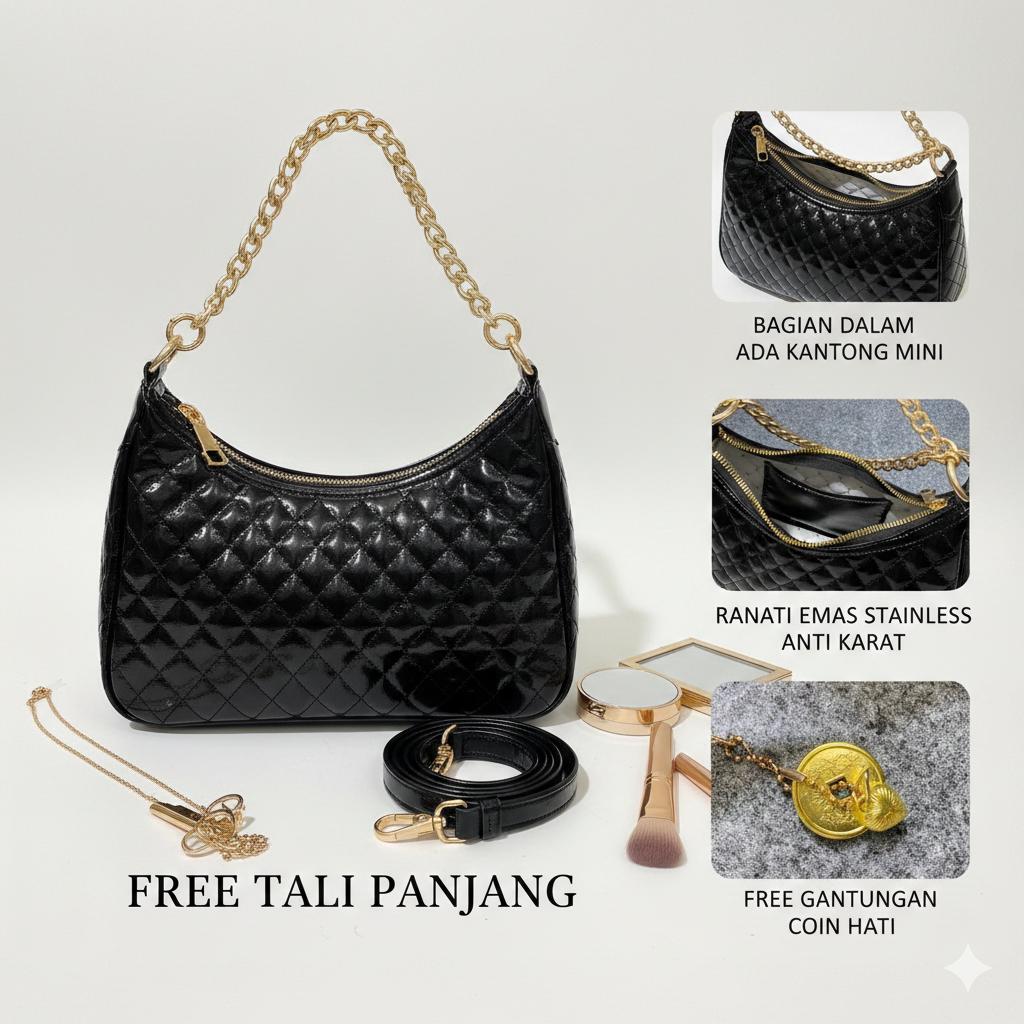 [Spesial Live] HkTas x Suhamoon - Tas Mini Glossy Viral Sling Bag Rantai / Tas Selempang Wanita Minimalis Kulit PU / Miniatur Shoulder Bag Free Charm Bag / Free Bag Strap