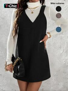 Vestido tipo chaleco de pana de color sólido para mujer sin suéter, vestido corto casual sin mangas con tirantes para uso diario, ropa de damas para todas las estaciones