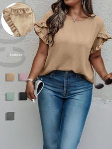 Blusa de manga de pétalo con ribete de volantes de color sólido para mujer de talla grande, más blusa informal de manga corta con cuello redondo para verano, ropa de mujer más para uso diario