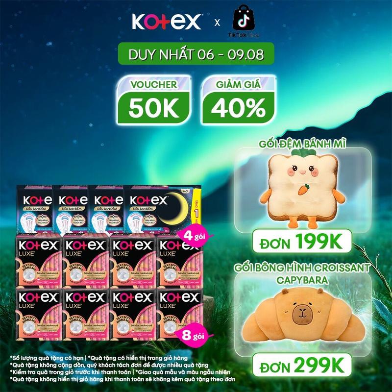 [QUÀ TẶNG HOT] Combo 8 gói băng vệ sinh nữ Kotex Luxe Ngày cánh 23cm 8 miếng/gói + combo 4 gói BVS siêu Ban Đêm 35cm Đệm bông chống tràn sau 8+1 miếng, cao cấp, khô thoáng, thấm hút nhanh, chống tràn​, khử mùi, bvs kinh nguyệt nhiều, chính hãng, tampon​