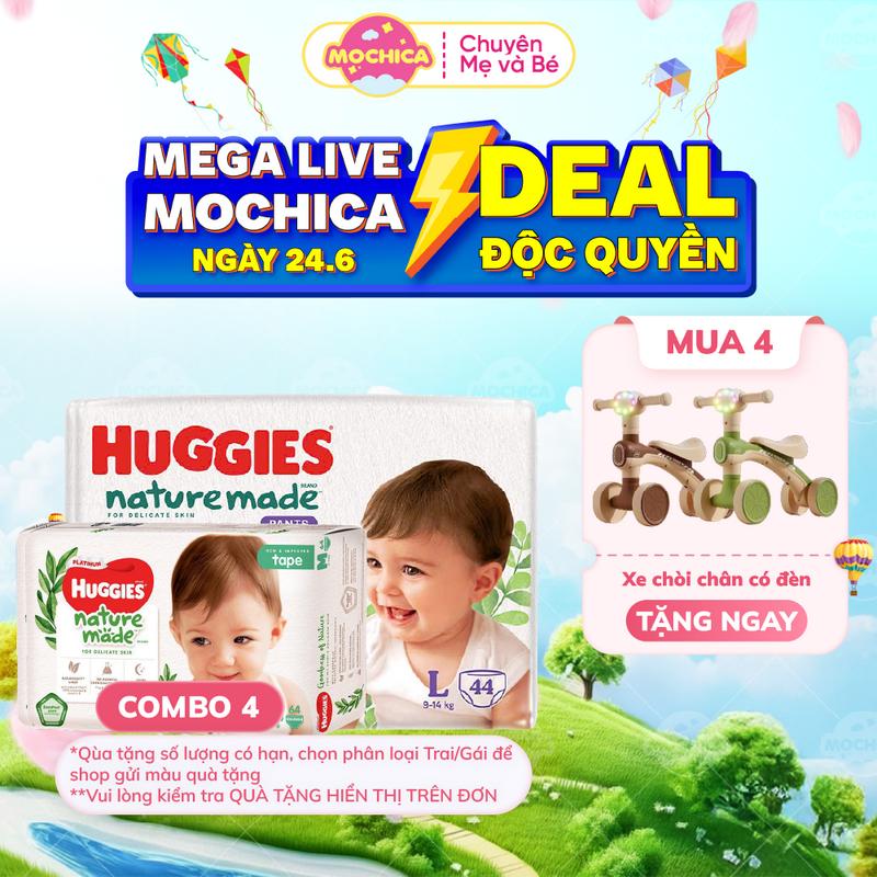 [25.6 MEMIN - COMBO 4 TẶNG XE CHÒI CHÂN] Tã Dán/Quần Huggies Platinum Nature Made Size NB60/S82/M64/L54/XL44 - M58/L44/XL38/XXL26 miếng