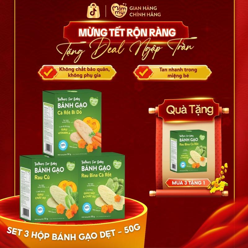 Combo 3 Hộp Bánh Gạo Dẹt Rau Củ Và Trái Cây Mămmy Vị Rau Bina Cà Rốt Rau Củ Cà Rốt Bí Đỏ Cho Bé Ăn Dặm Từ 7 Tháng Tuổi Hộp 50g MUA 3 TẶNG 1
