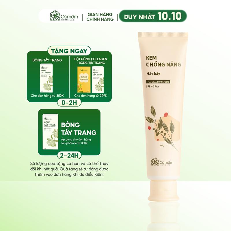 Kem Chống Nắng Nâng Tone Mịn Đẹp Thấm Nhanh Cho Mọi Loại Da Hây Hây SPF 40, PA ++ Cỏ Mềm 60g
