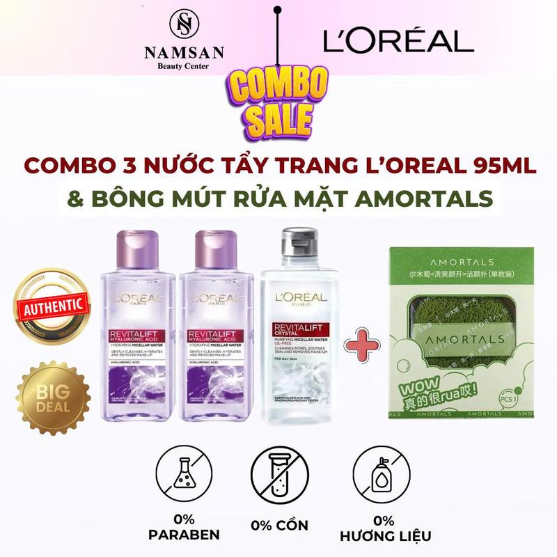 AFF Nước tẩy trang siêu cấp ẩm L'Oreal Paris Pure Revitalift Hyaluronic Acid 95ml x 3 chai + Tặng 1 Mút Amortals Chính Hãng