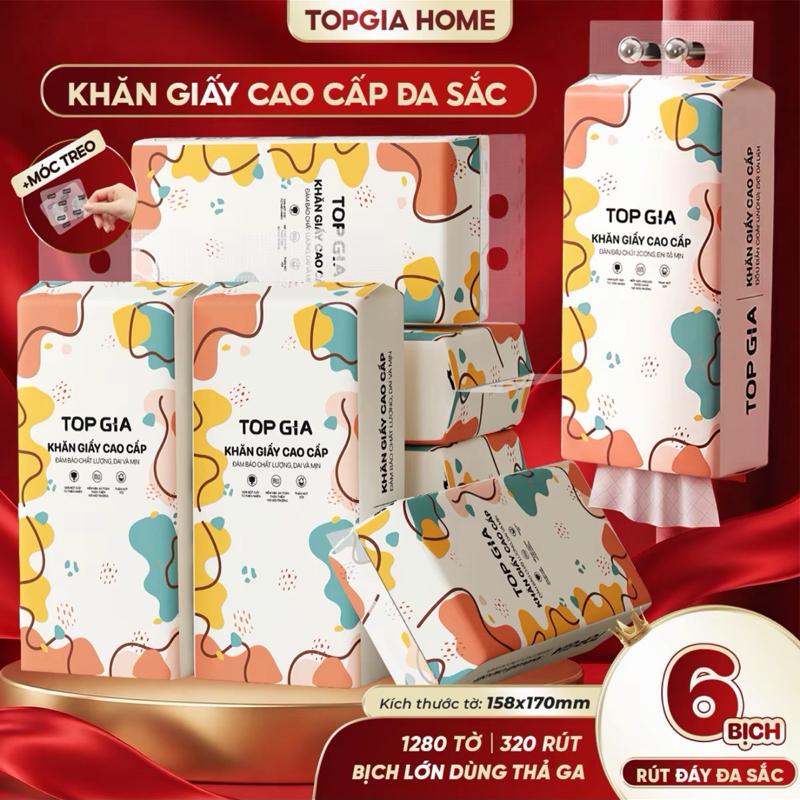 Thùng 6 gói Top Gia Khăn Giấy Cao Cấp Đa Sắc 1280 Tờ 320 Rút Kích Thước 158x170mm Bịch Lớn Dùng Thả Ga