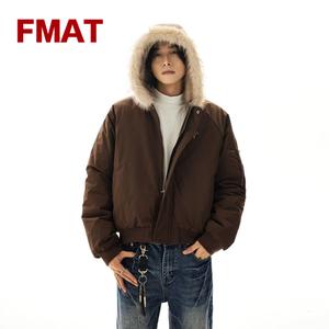 FMAT メンズ ジャケット 秋冬 韓国風 トレンド シンプル フード付き ラビットファー風ボア ショート丈 コットンジャケット
