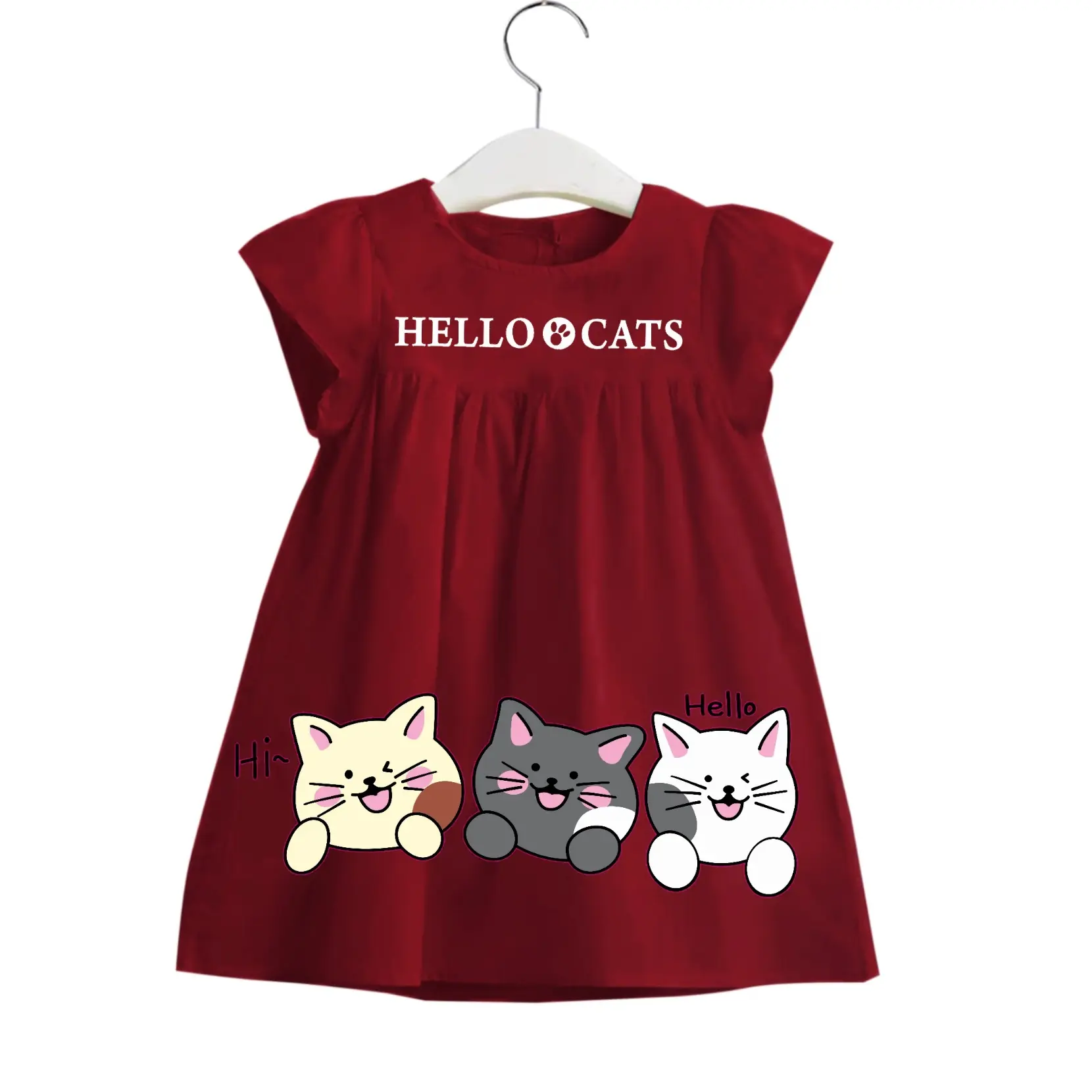 Fashion/Dress Anak Perempuan Hello Kucing 1-3 Tahun Kids Cewek Kancing Combed Katun