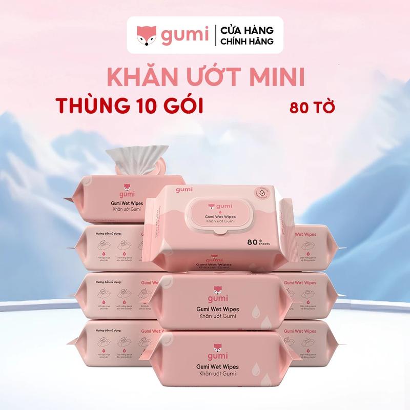 (NEW) Thùng 10 gói khăn uớt 80 tờ Gumi không cồn không parabens cao cấp dành cho em bé