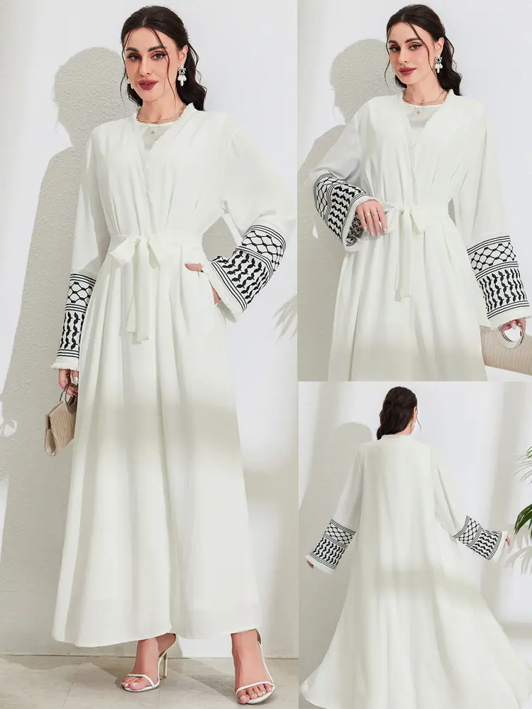 Trang Phục Hồi Giáo, Thanh Lịch, Có Túi, Kiểu Áo Cardigan, Thêu, Màu Tương Phản, Có Thắt Lưng, Kiểu Áo Choàng