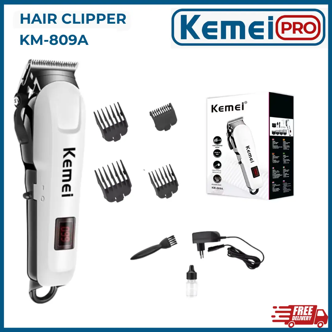 KEMEI 809A Alat Cukur Rambut Kemei 809A Putih KM-809A Rechargeable Cordless Hair Clipper Mesin Listrik Cukuran Rambut KM809A Putih LED Indikator Angka Pencukur Rambut