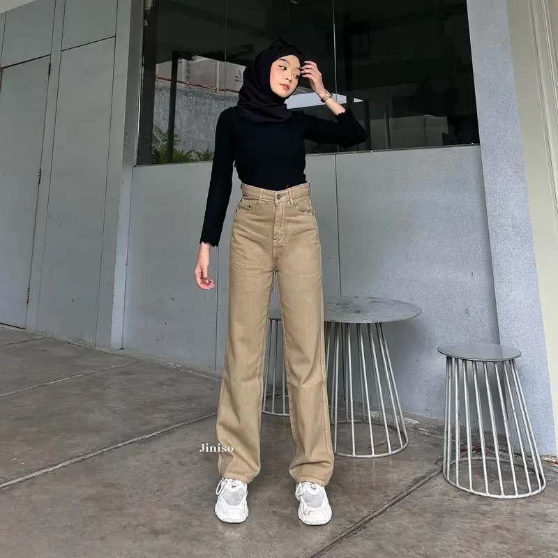 JINISO HANGOVER - 814 Loose Highwaist Celana Jeans Wanita Warna Olive 5