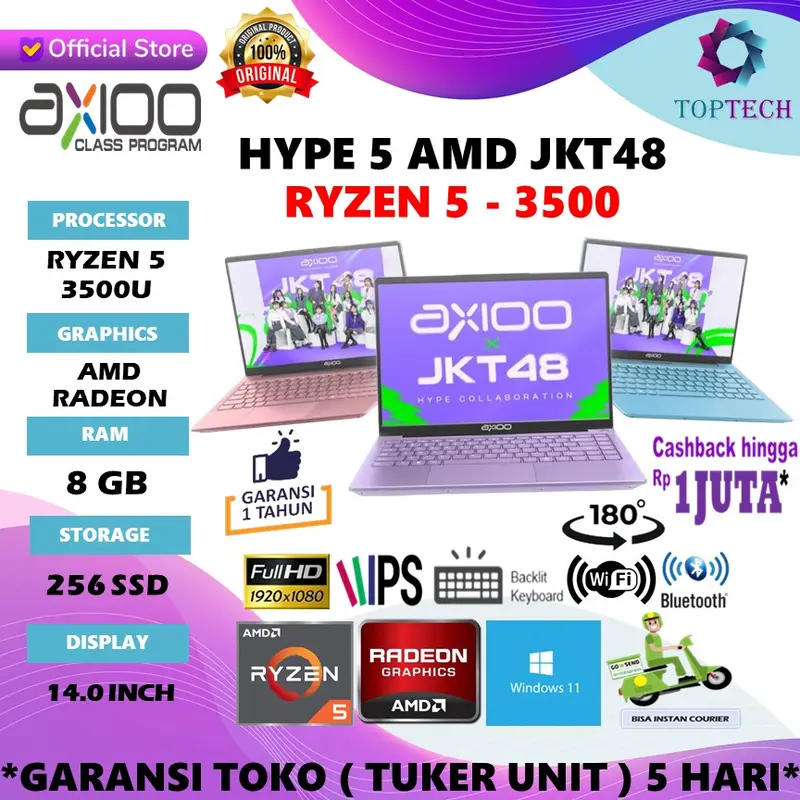 Laptop AXIOO Hype 5 AMD JKT48 X3 LOLLIPOP Ryzen 5 3500U 8GB 256GB W11 14.0FHD IPS 0