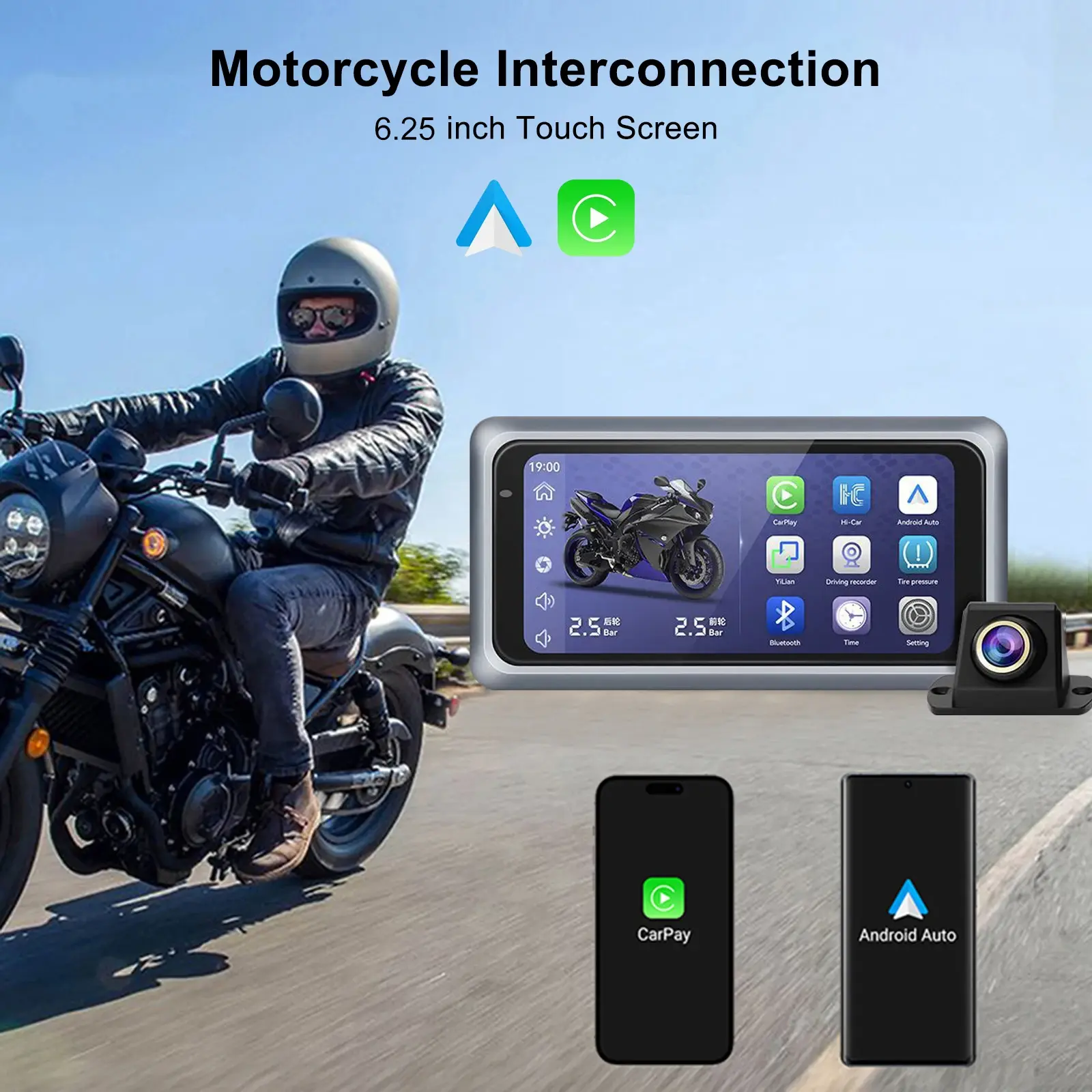 M6 Motorcycle Portable GPS Navigation Dash Cam Recorder Wireless Apple Carplay Android Auto 6.25 Inch Touch Screen IPX7 Waterproof Tire Pressure System TPMS Metal body