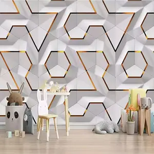 Wallpaper Dinding Kamar Tidur Wallsticker Stiker Dinding Ruang Tamu Motif Geometris 3D Putih Gold
