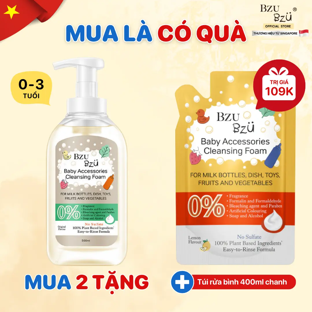 Nước Rửa Bình Sữa Và Đồ Dùng Em Bé BZU BZU Baby Accessories Cleansing Foam Chai 500ml Hương Tự Nhiên