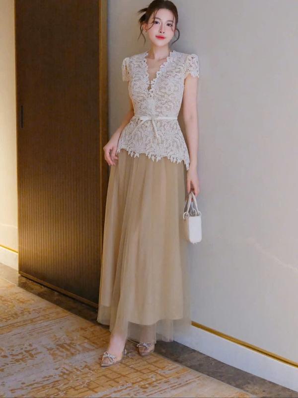 Hà Bigsize 55Kg - 90Kg Set dự tiệc thiết kế áo ren phối chân váy lưới dành cho Nữ Bigsize