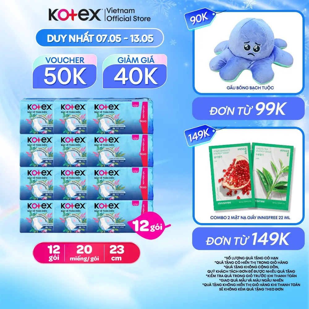 Lốc 4 gói/Combo 12 gói Băng vệ sinh Kotex Hỗ trợ Bảo Vệ 23cm Dày Cánh 20 miếng/ gói