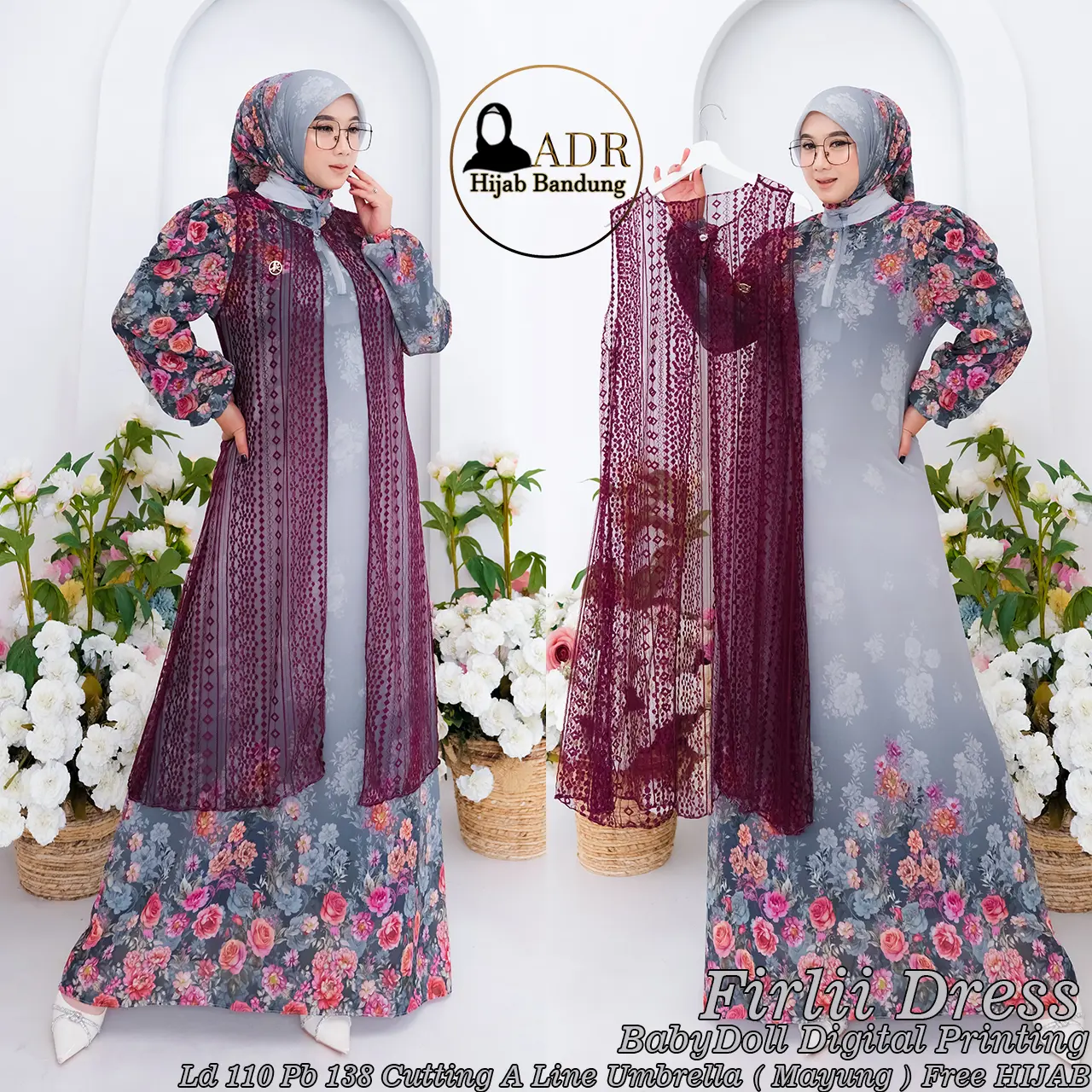 Dress Firlii Gamis Babydoll Digital Printing Full Furing Busui dan Wudhu Friendly Kerudung SegiEmpat
