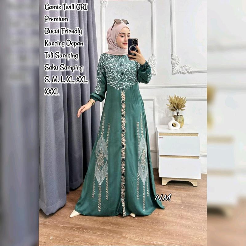 Gamis Twill Ori Muslim Premium Pekalongan Lengan Panjang Model Kancing Depan Busui Friendly Dress Batik Wanita Dewasa Modern Murah Tali Samping 4