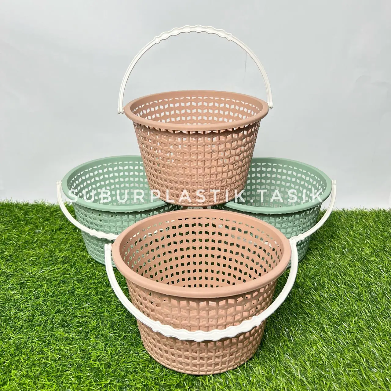 [12 pcs] Keranjang Jinjing Bulat Elandra Plastik Tempat Sabun Gagang Hantaran Parcel Wadah Serbaguna Tebal Hijau