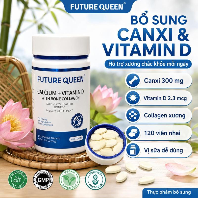 Viên Nhai Bổ Sung Canxi + Vitamin D3 FUTURE QUEEN với Collagen từ Xương Bò, Hỗ Trợ Xương Chắc Khỏe, Vị Sữa, 120 Viên Cho Người Lớn