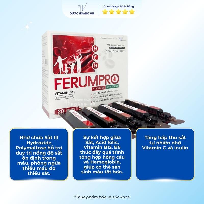 [DHV] COMBO 2 HỘP | Bù lại máu sau sinh FERUMPRO | Sắt hữu cơ không tanh, hấp thu nhanh, hỗ trợ tăng khả năng tạo máu - Kết hợp Vitamin C, B9, B12 | Hộp 20 ống 4