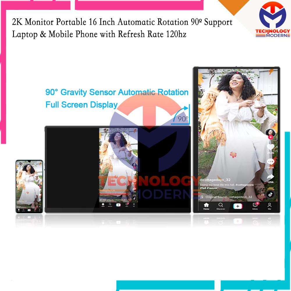 Monitor Portable 16 Inch 2K 2560x1600P 120Hz Layar Penuh dengan Sensor Gravitasi 90° & 270° untuk Laptop & HP Dengan 6 Mode Tampilan & Dual Thunderbolt Type C
