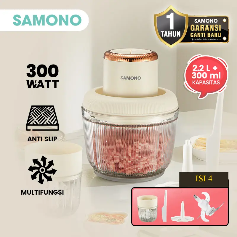 【DCT Eksklusif】Samono Food Chopper 2 in 1 kapasitas 2,2L dan 300ml Multifungsi 300 Watt Mesin Penggiling Daging Penghalus Makanan Wadah Kaca (SW-CD300)