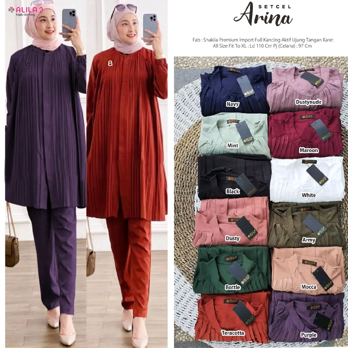 Arina setelan celana by ALILA HIJAB (oneset setelan polos, bahan shakilla premium import, full kancing)