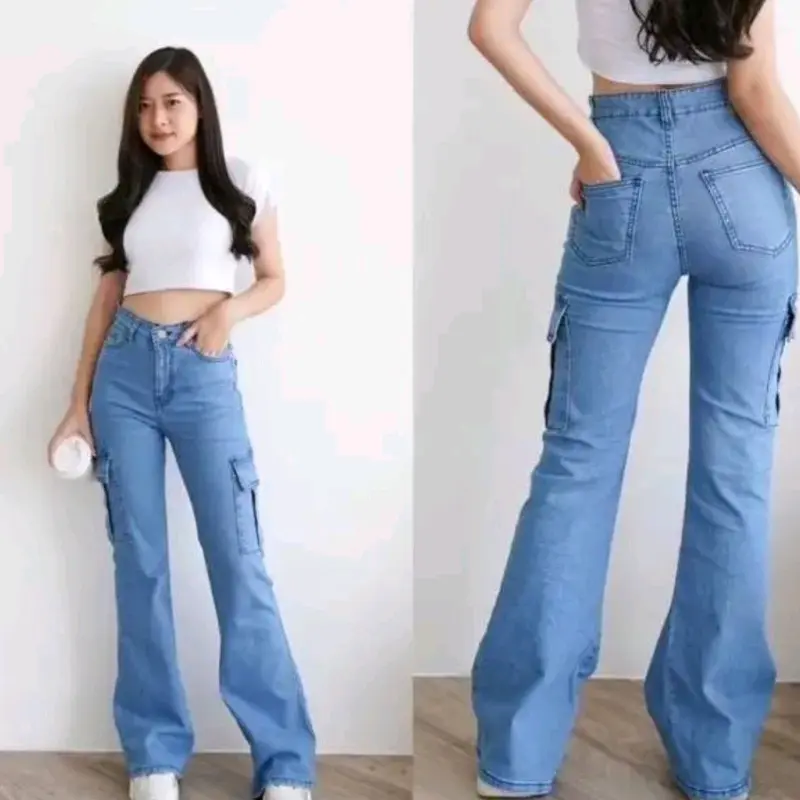 Celana Jeans Cutbray Cargo Wanita Highwaist Strecth Kekinian style Panjang Cewek Denim 1