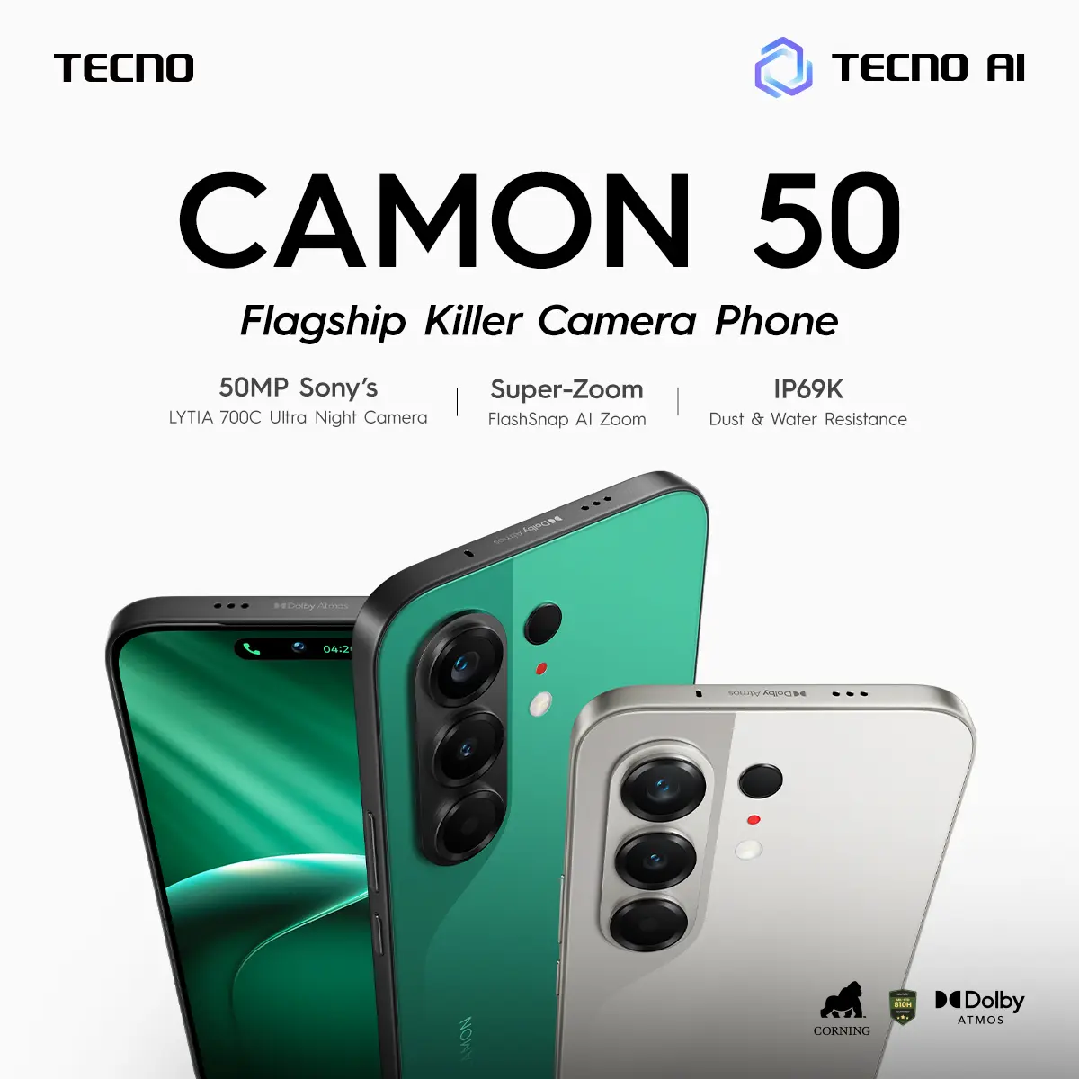 [NEW] [SUPERZOOM FLASHSNAP] TECNO CAMON 50 8GB+8GB*/256GB, 50MP Sony + 8MP Ultra Wide, 32MP Front Camera, 1.5K 144Hz AMOLED, Mediatek Helio G200 Ultimate , IP69K, 45W Ultra Charging, camon50