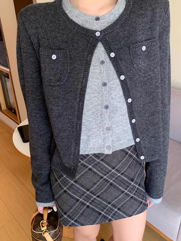 Áo Cardigan Dệt Kim, Giả Hai Mảnh, Màu Tương Phản, Áo Len Nữ, Màu Xám Ghép Nối, Hàng Mới Về Mùa Thu 2024