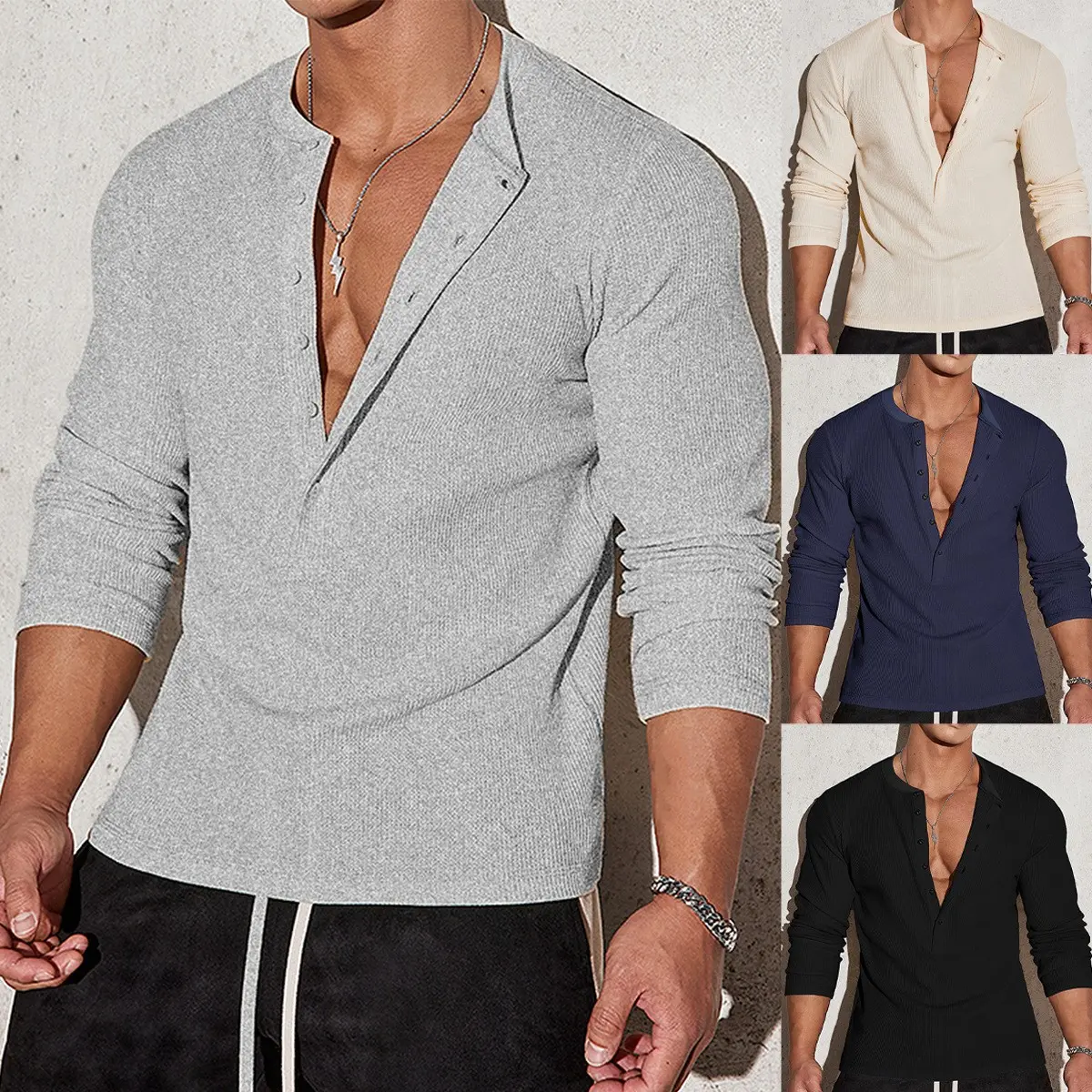 Men's T-shirtsSpring and Autumn Sports Fitness Casual Stand Collar Stretch Solid Color Long Sleeve V-Neck Cotton Blend T-Shirt for Youth Street Style