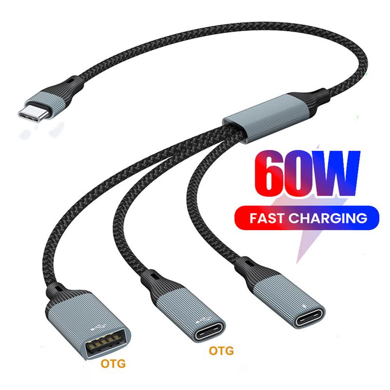 Cáp Sạc Nhanh, PD60W, Đầu Đực Type C Sang Nhiều Đầu Cái Type-C / USB, Bộ Chuyển Đổi Bộ Chia Truyền, Mở Rộng Truyền Dữ Liệu OTG, Dài 35CM