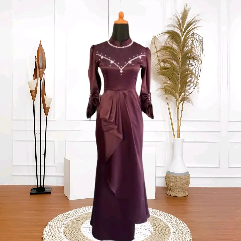 Karisma Dress Satin Burgundy Simple Mewah Slim Fit | Gaun Kondangan Duyung Bridesmaid Viral | Gamis  Pesta Lebaran Terbaru Maxi Syari